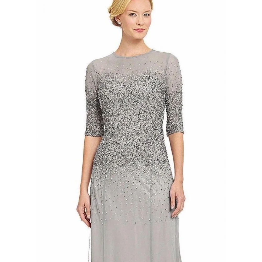 NEW Adrianna Papell Beaded Illusion Bodice Mesh Gown in Grey [Petite SZ 4P‎ ]